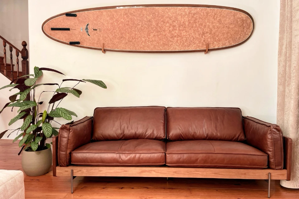 Cozy sofa in the lounge at the Surf Lodge