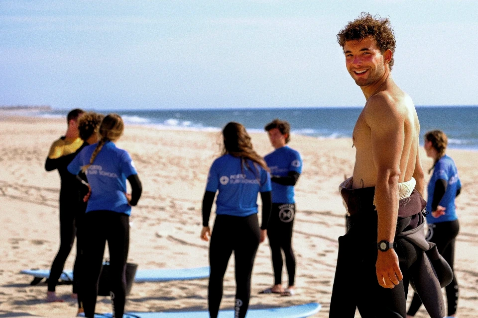 Surf coach with his class at the beach.